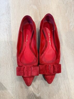 Salvatore Ferragamo Red Suede Pointed Toe Flats with Bow
